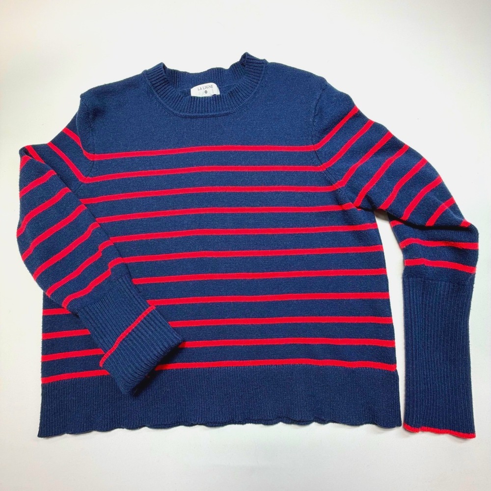La Ligne 1X Navy Red Stripe Sweater‎ Crewneck Knit Rib Cuff Hem Cashmere Blend